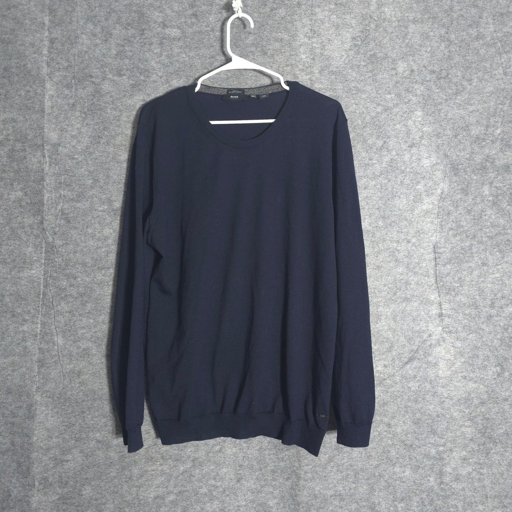 Hugo Boss Extrafine Merino Wool Sweater Men XXL Navy Blue Slim Fit Crew Neck Top
